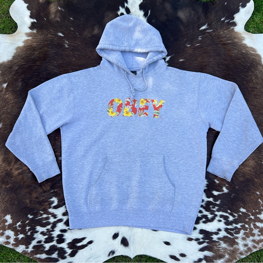OBEY streetwear light grey triblend multicolor floral graphic unisex hoodie